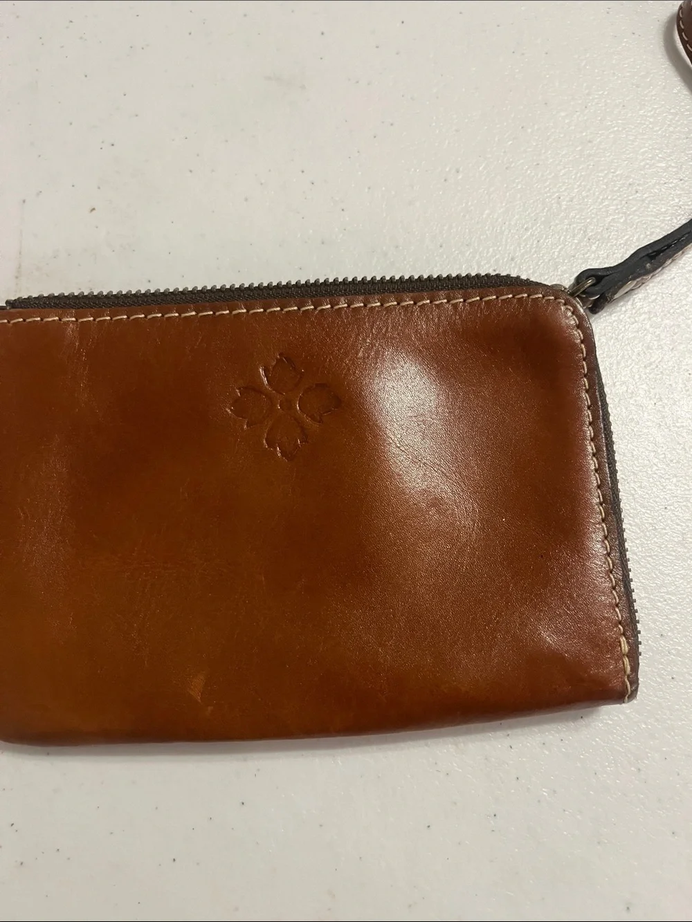 Patricia Nash Leather Zip Wristlet Pouch in Brown Cognac floral